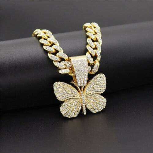 Butterfly Necklace & Pendant Iced Out Cuban Chain Gold Color AAA Cubic Zircon MenS Women Hip Hop Rock Jewelry