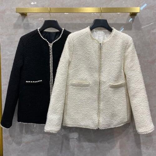 New arrival Designer Womens High quality Wool coat Hot fashion pearls beading tweed ovecoat C706