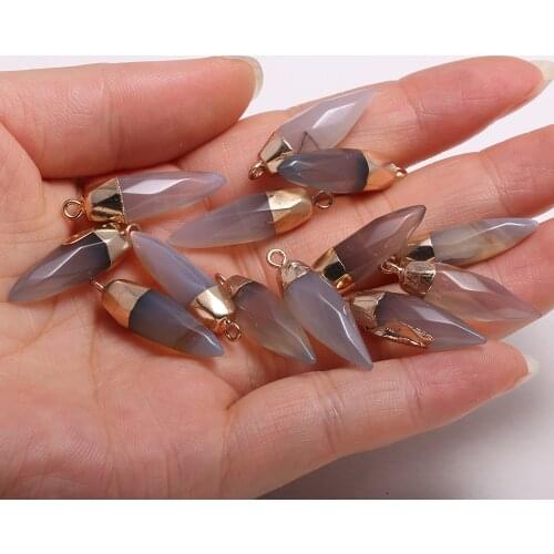 Natural Stone Agates Pendants Cone Shape Reiki Heal Gold plated Crystal for Jewelry Making Necklace Earrings Gift 13x26mm