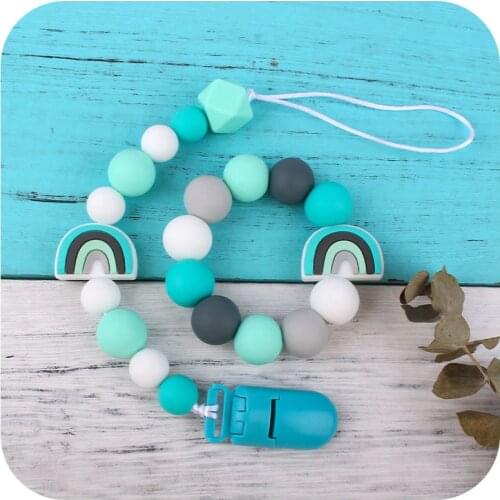 Hand Made Rainbow Silicone Bead Children Baby Pacifier Leashes Chain Toy Bracelet Pendants for Infant Rope Bite Teether Gift