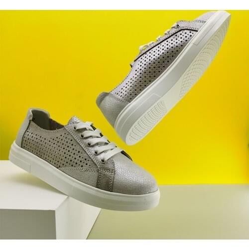 Womens Summer Shoes 2021 Casual Leather Female Sneakers Cow Suede Lace Up Hollow Out Soft Silver Flats Fashion Light Shoes