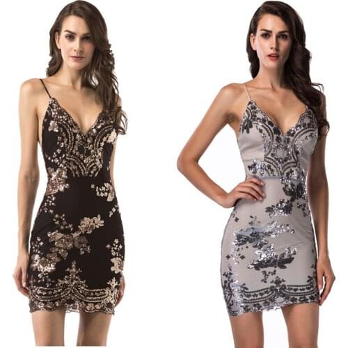 Sexy Sling Sequin Dresses V-neck Low-cut Backless Glitter Mini Sling Bag-hip Dress Fashion Elegant Slim Wedding Dresses 5 Colors