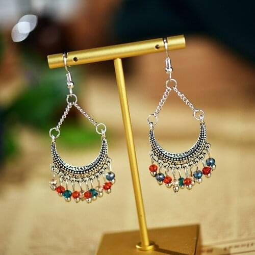 Retro Ethnic Crescent-shaped Crystal Rice Beads Tassel Dangle Earrings For women Silver Color Alloy Fashion Boho Jewelry Gifts
