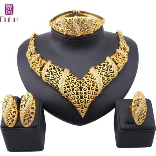 Wedding Bridal Jewelry Sets For Women Gold Color Necklace Bangle Earrings Rings Dubai African Beads Statement Accessories Set