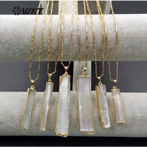 WT-N1021 Wholesale fashion jewelry natural gold edge selenite crystal blade necklace with 24 gold electroplate free shape