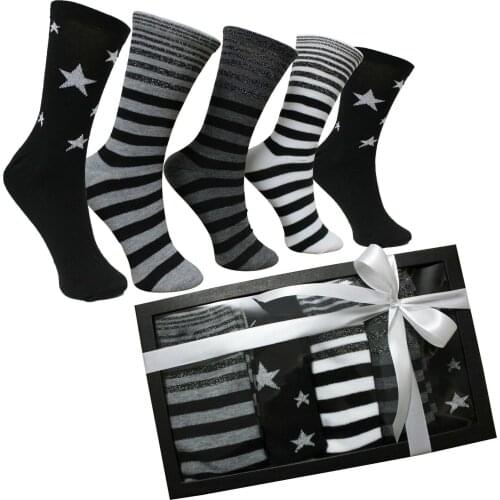 Woman Socks Stars Lines Gift Box Birthday Mothers Day Ideas Boxes Black Gray