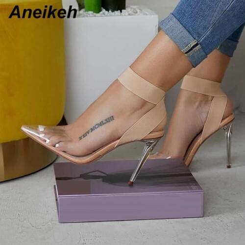 Aneikeh Sexy Pointed Toe Transparent Women Sandals Elastic Band Ankle Strap Slip On Clear Party Pumps Ladies Sandals Size 41 42