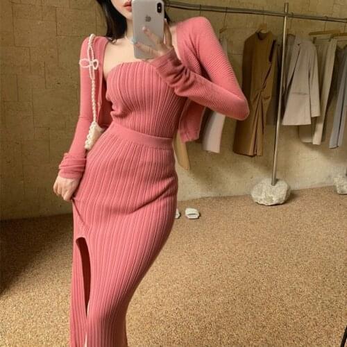 Korean Sweet Knitted Cardigan + Crop Top + Skirts 3pcs Sets Girls Short Sweater Coat + Vest + Split Skirt Suits Women Outfits