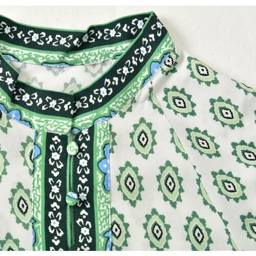 2021 Early Autumn New Women Printing Mini Dress O-Neck Single Breasted Long Puff Sleeve Female Vintage Robe