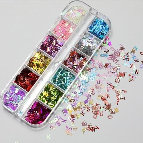 12Grids#YJY101..Mirror Sparkly Letter Nail Sequins Paillette 12 Colors Nail Holographic Glitter 3D Flakes Slices Art Accessories