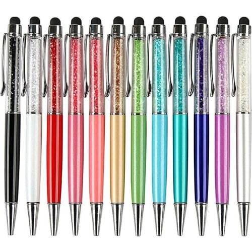 AAY-12Pcs/Pack Bling Bling 2-In-1 Slim Crystal Diamond Stylus Pen and Ink Ballpoint Pens (12 Colors)