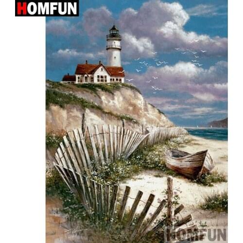 HOMFUN 5D DIY Diamond Painting Full Square/Round Drill "Boat house" 3D Embroidery Cross Stitch gift Home Decor A02567