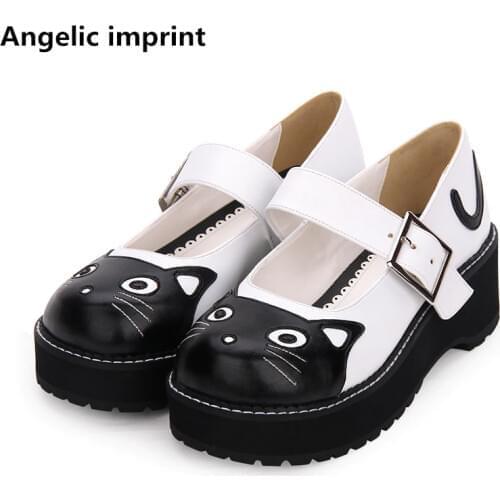 Angelic imprint woman mori girl lolita cosplay shoes lady mid heels wedges pumps women princess dress party shoes cat face 5cm