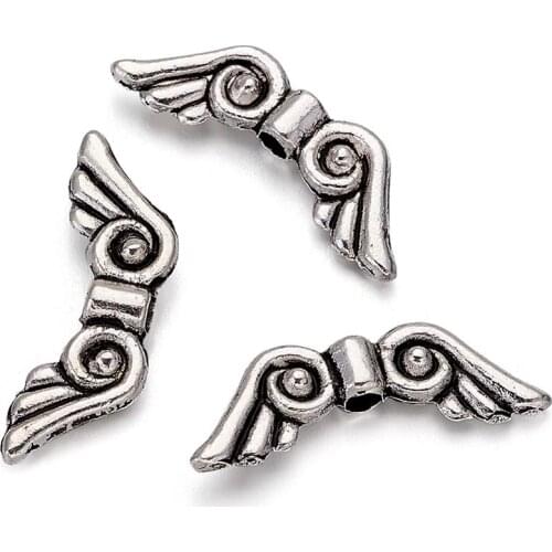 Pandahall 100pcs Tibetan Style Metal Angel Wing Beads Antique Silver Color for Jewelry Making Hole: 1mm