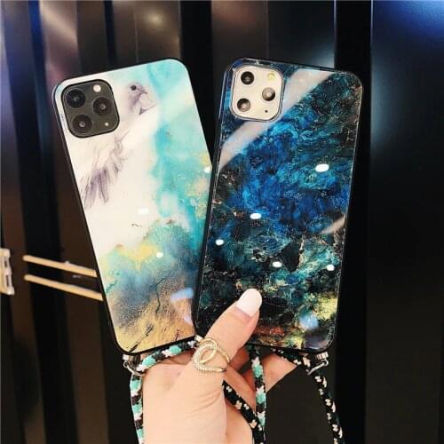Crossbody strap glass marble phone case for Xiaomi redmi 10X 9 K30 K20 pro Note8 8pro 7 6 5 Note 9 back cover shoulder lanyard