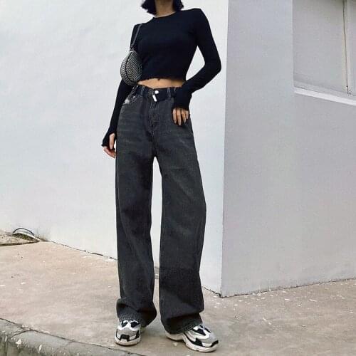 Spring and autumn new style casual style solid color adjustable belt jeans women, pure cotton wash water thinner wide-leg jeans