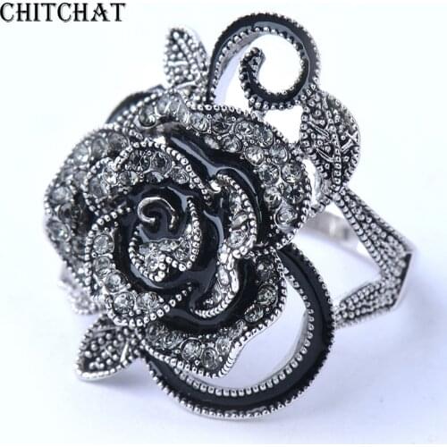 Neo Gothic Punk Ring Vintage Jewelry Black Rose Flower Female Ring With Rhinestones For Hands Finger Decoration