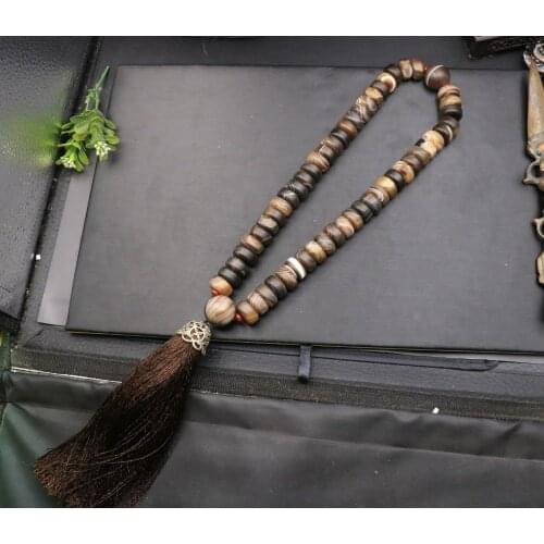 Collectible Treasure Unique Energy Super Energy Tibetan Agate Natural Slikworm Line Dzi Bead Hand Prayer Necklace 54 Beads