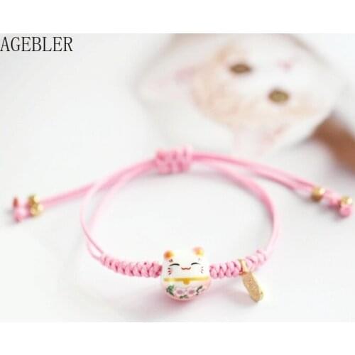 Lovely Japanese Style Ceramic Plutus Cat Bracelets Lucky Jewelry for Women Girl Gift Student Friendship Bangle Pink Black