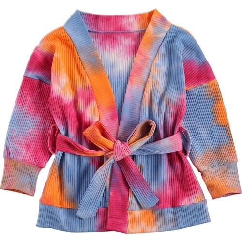 Fashinable Children Tie Dye Cardigan, Multi Color Long Sleeve Cardigan with Waistband for Autumn Spring
