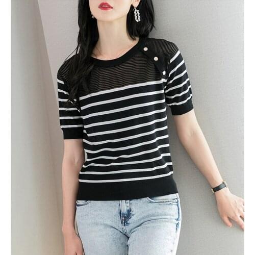 Summer 2021 new womens knitted sweaters short-sleeved knitted tops, thin striped knitted T-shirts oversized sweater