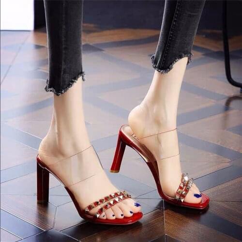 New Womens Slippers Sexy Open-toe High Heels Rivet Decoration Womens Sandals Stiletto Slippers Women Party Shoes Ladies