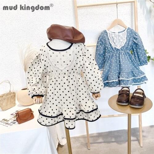Mudkingdom Little Girls Dress Ruffles Dot Lace Crew Neck Long Puff Sleeve Dresses for Toddler Drop Shoulder Spring Kids Clothes