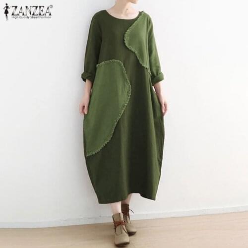 ZANZEA Women Cotton Linen Dress Vintage Spring Long Sleeve Long Vestido Oversized Dresses Patchwork Sundress Robe Femme Kaftan