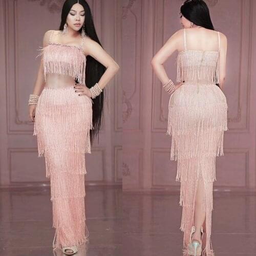 Fashion Birthday Celebration Rhinestone Tassel Dress Women Sexy Latin Dance Crystal Fringes Dress Party Singer Stage Long Dress