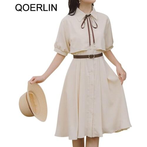 QOERLIN Polo Collar Single-Breasted Shirts Dresses with Belted High Waist Bowtie Elegant Shirt Dress Plus Size Vestidos Mujer