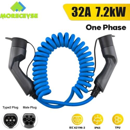 Morec IEC 62196-2 EV Charging Coiled Cable For Stations Electric Car Spiral Cord Charger Type 2 To Type 2 32A 7.2KW 5m Bule