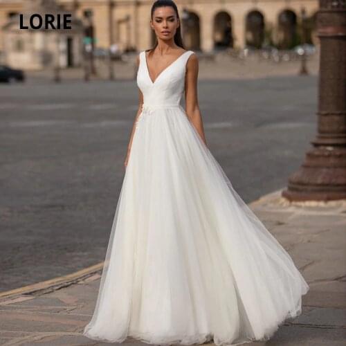 LORIE 2020 Simple Boho Wedding Dresses Lace Appliques Tulle V-Neck A-line Lacing Bohemia Beach Bridal Gowns Vestidos de Novia