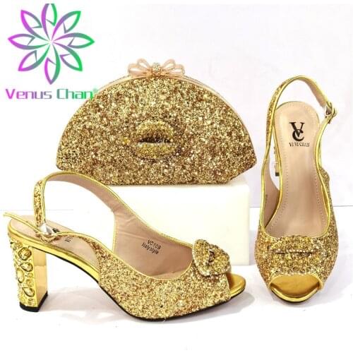 Decoration Golden Color Italian Design Party Elegant Women Shoes and Bag Set full of Rhinestone 2021 New Arrival Mixin Metal