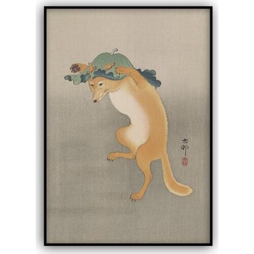 Vintage Poster Dancing Fox with Lotus Leaf Hat Ohara Koson Japanese Canvas Print Wall Art Reproduction Asian Animal Wall Decor