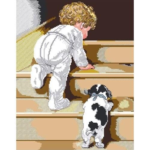 High Quality Lovely Counted Cross Stitch Kit Baby Boy and Dog Puppy Climb Stair Stairs
