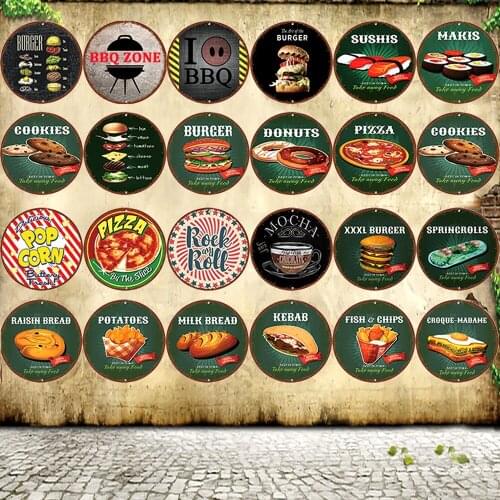 [ WellCraft ] Food Pizza SUSHI DONUTS BREAD Tin Sign Vintage Fast Food Round Painting Gift art Bar Decoration 30 CM R-01