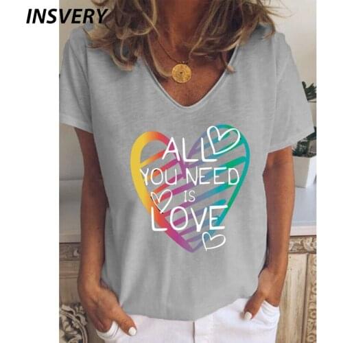 2021 Letter Heart Printed Short Sleeve Tee Tshirt Women Summer V Neck Loose Casual Shirt Tops Plus Size Beach Clothes