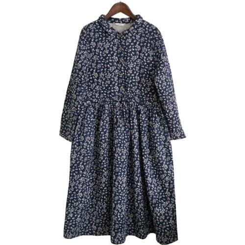 Johnature Women Vintage Blue Floral Dresses Cotton 2021 Spring New Long Sleeve Chinese Style Women Clothing Button Dresses