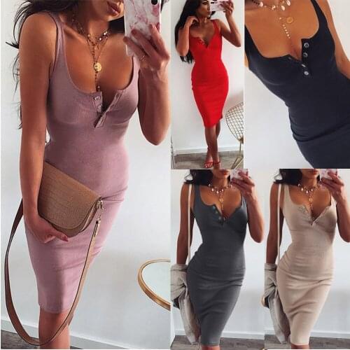 Summer 2021 Women Sexy U-neckline Cotton Long Slip Dress Button Slim Casual Solid Color Female Dress Black Camisole Dress