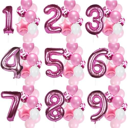12pcs Pink Number Balloon Set First 1st Birthday Girl Party Decoration Balloon 2 3 4 5 6 7 year Birthday Party Decorations Kids