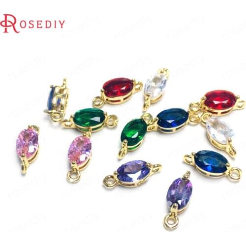 38281)10PCS 4x6MM 24K Champagne Gold Color Brass and Zircon 2 Holes Oval Shape Connect Charms Pendants Diy Findings Accessories