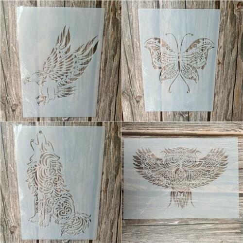 4pcs Size A4 DIY Craft Animal Stencils for Painting on Wood,Fabric,Walls Art Scrapbooking Stamping Album Embossing Paper Cards