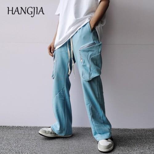 Higt Street Solid Color Cargo Micro-flare Pant Men Women Hip Hop Functional Cargo Wide Leg Trousers Fashion Big Pockets