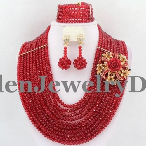 Fine African Beads Jewelry Set Nigerian Wedding Party African Red Jewelry Sets Crystal Beads Jewelry Sets W10105