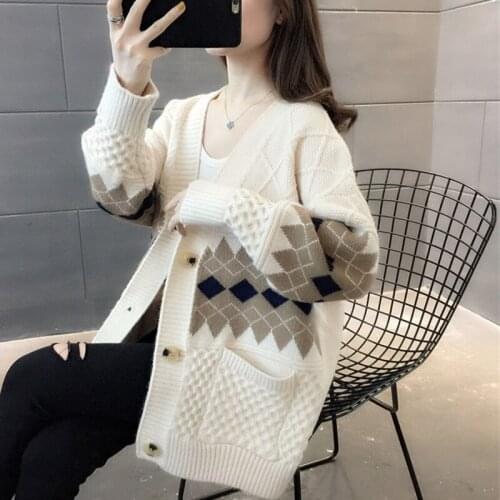 Autumn Winter Sweater Female Cardigan Loose Streetwear Knit Sweaters Coat Geometric Patterns V Neck Knitted Jacket Women Blusas