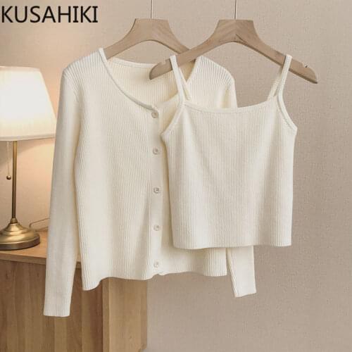 KUSAHIKI Knitted Cardigan Two Pieces Sets 2021 New Long Sleeve Knitwear Coat + Slim Basic Sling Vest Autumn Sweater Suits 6Z731