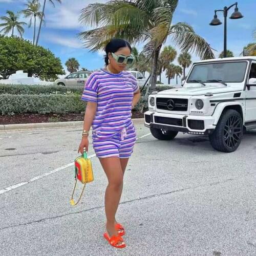 TNNAOFF Summer Striped Two Piece Tracksuits Women Set Short Sleeve T Shirt Sexy Lace Up Biker Shorts Lounge Wear Matching Sets