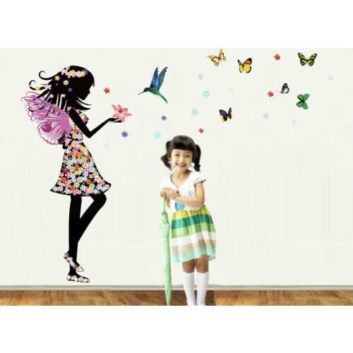 Beautiful Girl with Flowers Wings Wall Decal Kids Girls Room Nursery Wall Applique Butterfly Birds Pink Flowers Wall Stickers