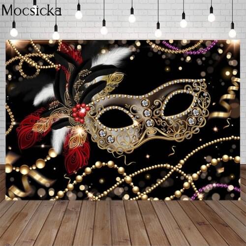 Mocsicka Red And Black Feather Mask Birthday Party Photography Background Gold Ribbon Chain Masquerade Photography Backdrops