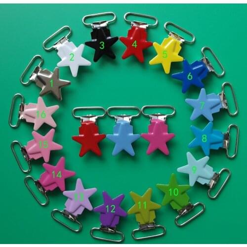 Wholesale 80pcs 1'' 25mm 16 Colors Assorted Enamel Star Suspender Clips Metal Pacifier Clip,Dummy Clips,Plastic Teeth Inserts